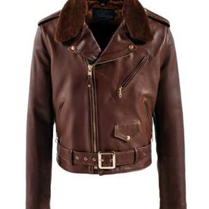Schott NYC Brown Leather Bomber Jacket with Shearling Collar